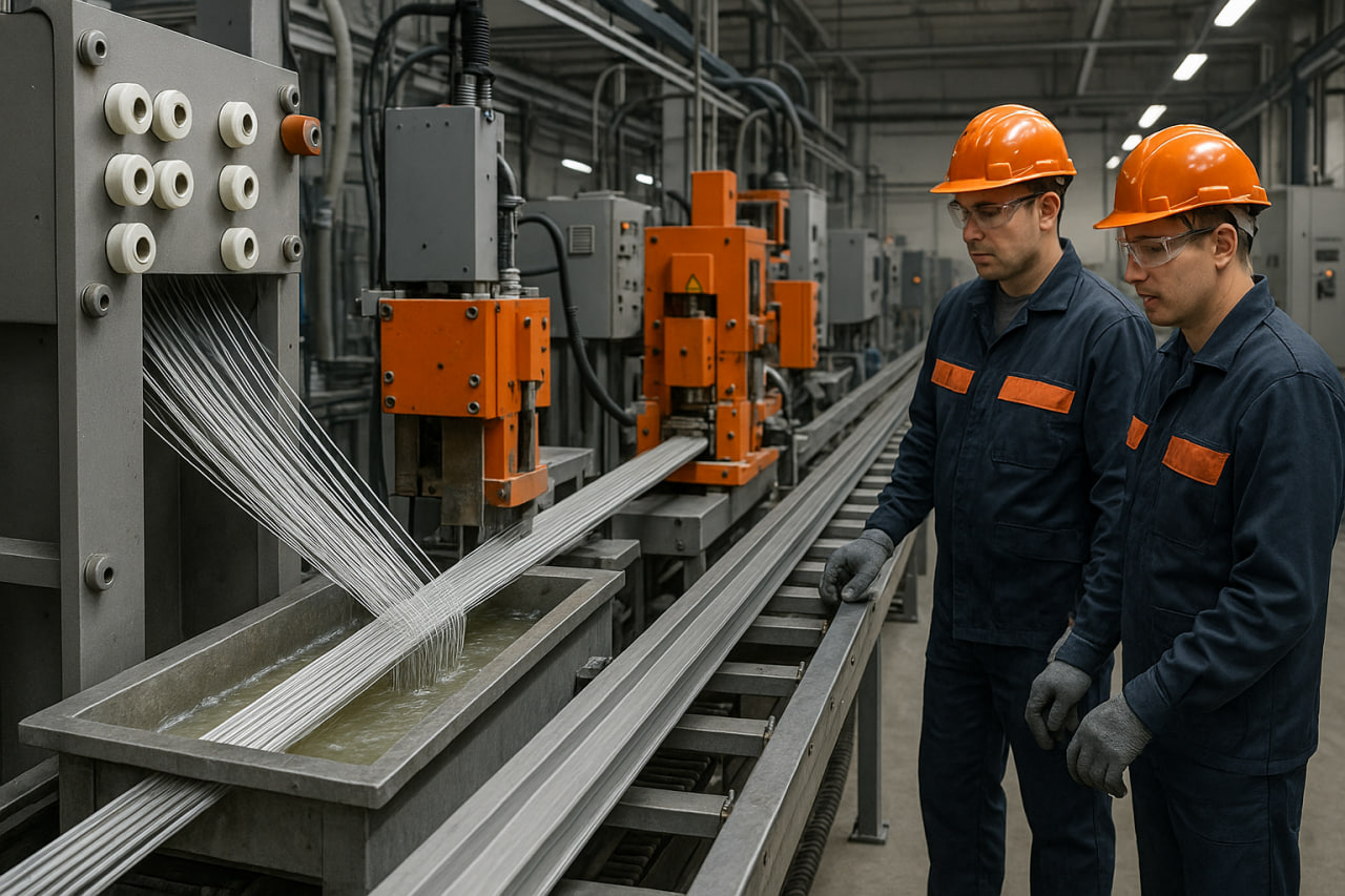 Рабочий процесс на заводе, линия пултрузии